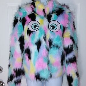 Iron Fist Faux Fur Pastel Goth Creepycute Kawaii Eyeball Faux Fur Coat